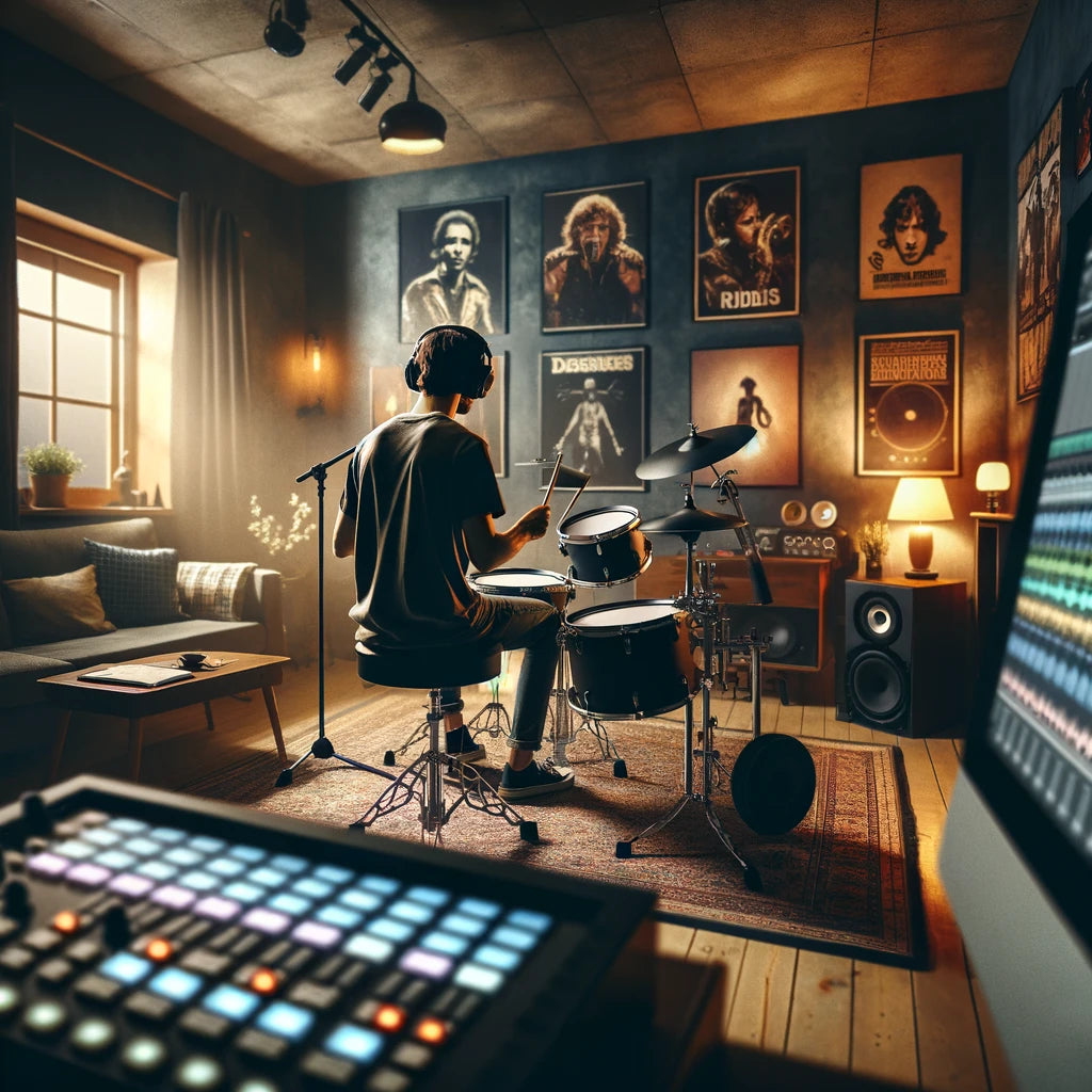Beginner drummer practicing on an electronic drum set in a cozy home studio, surrounded by inspirational music posters and professional recording equipment, exemplifying the modern electronic drumming experience.