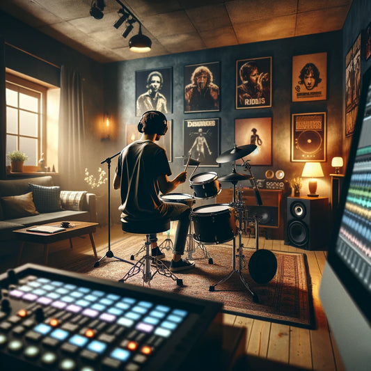 Beginner drummer practicing on an electronic drum set in a cozy home studio, surrounded by inspirational music posters and professional recording equipment, exemplifying the modern electronic drumming experience.